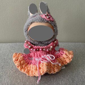 Handmade Crochet Beaded Pink Orange Outfit for 17cm Plush Doll 2-Piece Set